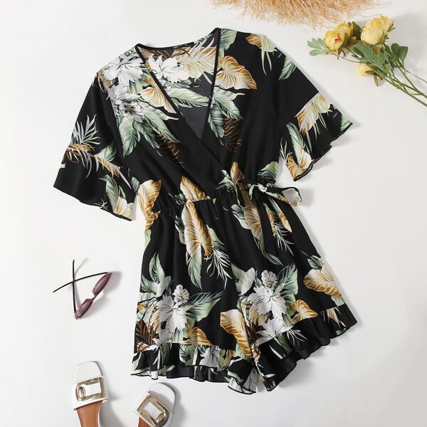 

Plus Tropical Print Ruffle Hem Romper, Multicolor