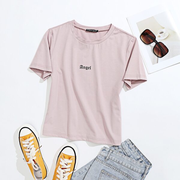 

Letter Graphic Round Neck Tee, Dusty pink