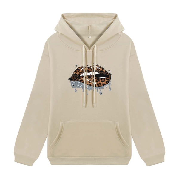 

Bite Lip Print Kangaroo Pocket Drawstring Thermal Lined Hoodie, Khaki