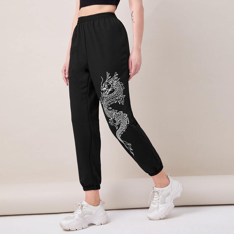 

Chinese Dragon Print Sweatpants, Black