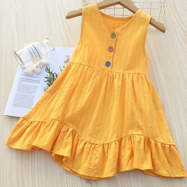 

Toddler Girls Half Button Ruffle Hem Dress, Yellow