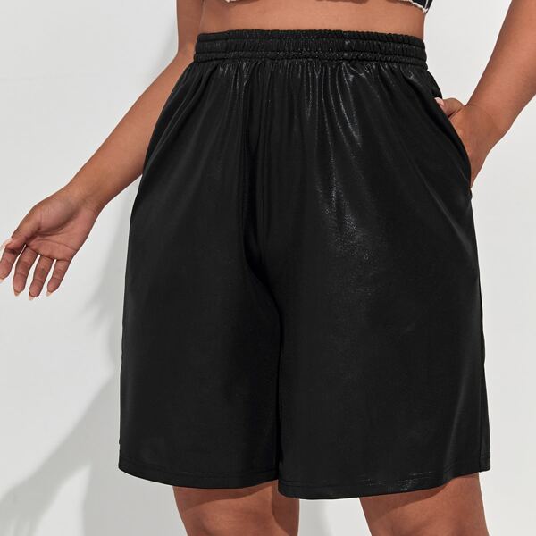

Plus PU Leather Slant Pockets Bermuda Shorts, Black