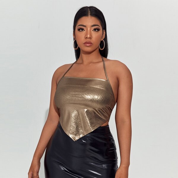 

Plus Metallic Tie Back Bandana Halter Top, Gold