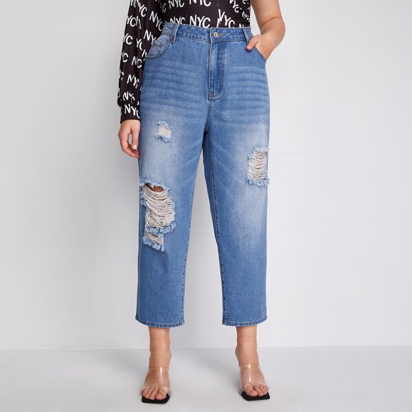 

Plus High Waist Ripped Straight Leg Crop Jeans, Medium wash