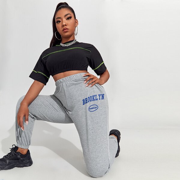 

Plus Letter Graphic Elastic Waist Sweatpants, Light grey