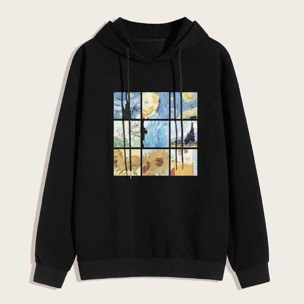 

Men Graphic Print Drawstring Hoodie, Black