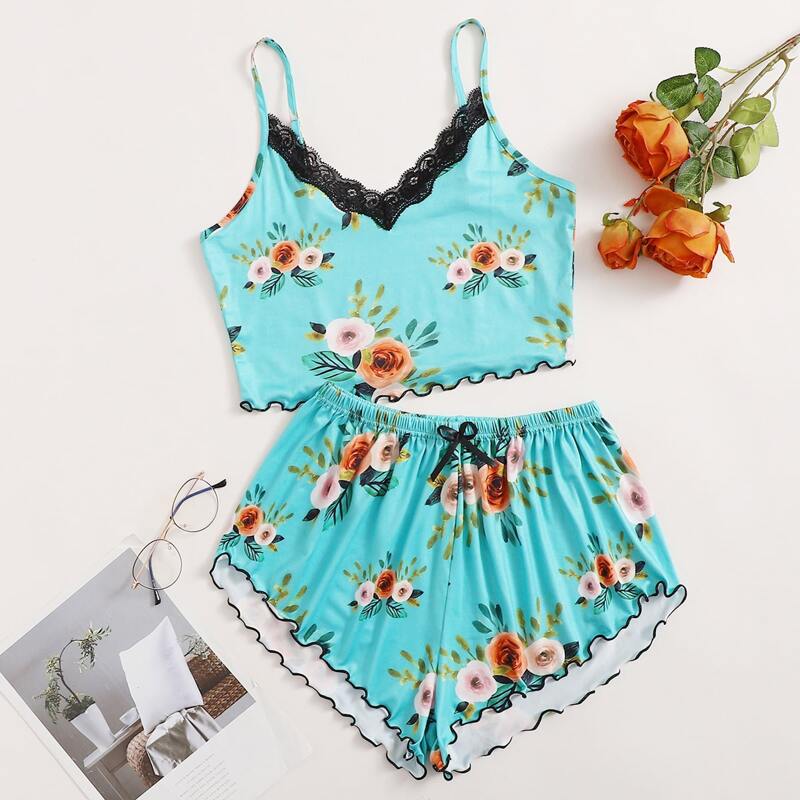 

Floral Print Lace Trimed PJ Set, Mint blue