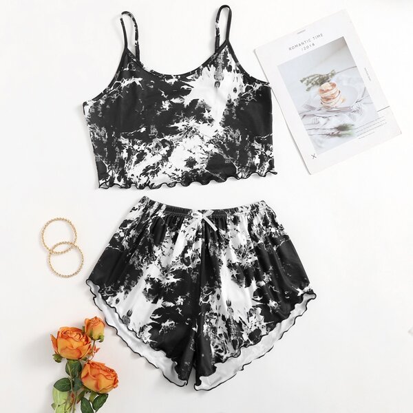 

Tie Dye Lettuce Trim Cami PJ Set, Black and white
