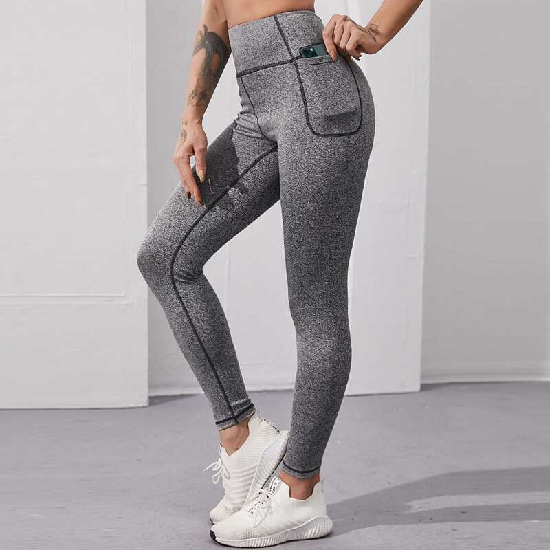 

Space Dye Top-stitching Sports Leggings With Pocket, Grey