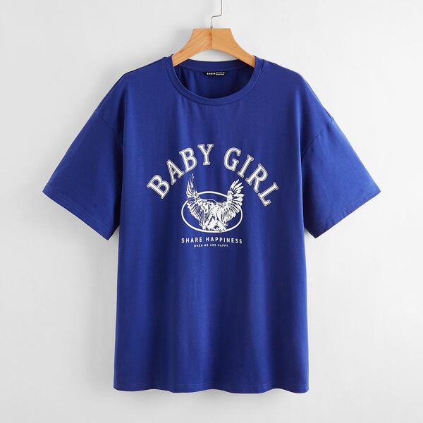 

Drop Shoulder Letter & Eagle Print Tee, Royal blue