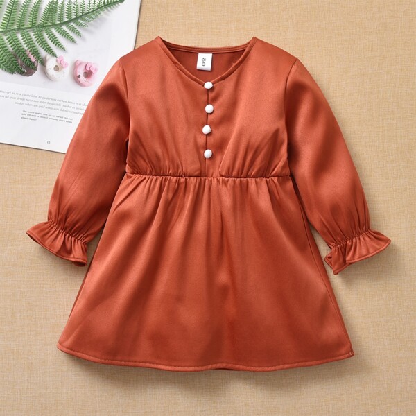 

Baby Girl Button Half Ruffle Cuff Dress, Burnt orange