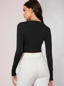 SHEIN BAE Scoop Neck Solid Crop Tee - Black - View 2