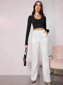 SHEIN BAE Scoop Neck Solid Crop Tee - Black - View 3