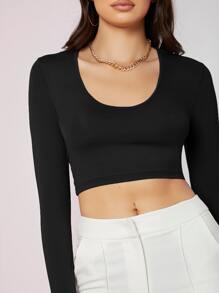 SHEIN BAE Scoop Neck Solid Crop Tee - Black - View 4