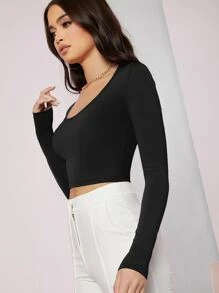 SHEIN BAE Scoop Neck Solid Crop Tee - Black - View 5