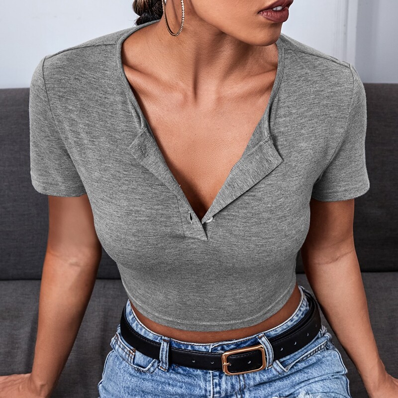 

Solid Half Button Crop Tee, Grey