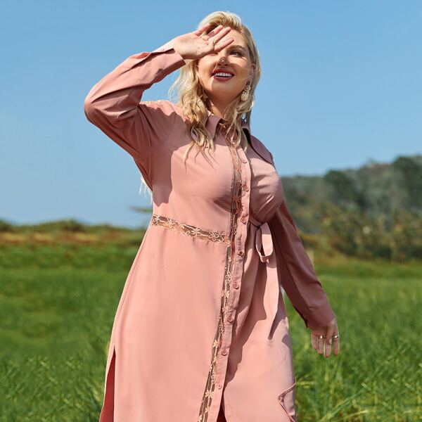 

Plus Collared Lace Insert Self Belted Dress, Coral pink