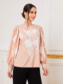 SHEIN 燈籠袖花卉圖案上衣 - 淺粉色 - 查看 4