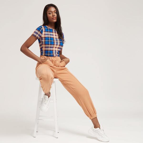 

Plaid Crew Neck Crop Tee, Multicolor