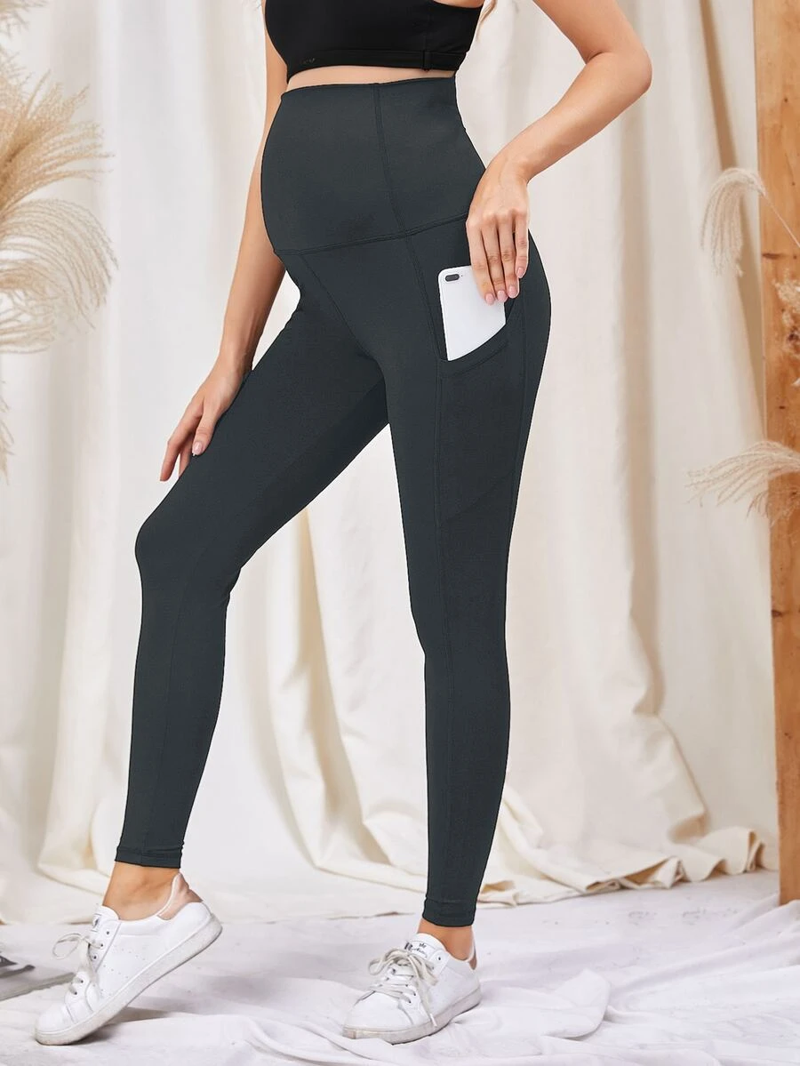 SHEIN Maternity Solid Sports Leggings With Phone Pocket - Dark Grey - View 1