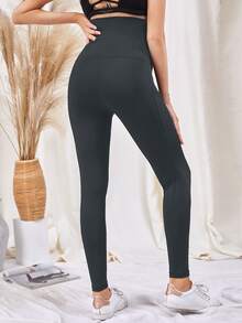 SHEIN Maternity Solid Sports Leggings With Phone Pocket - Dark Grey - View 2
