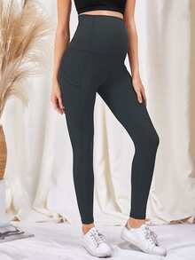 SHEIN Maternity Solid Sports Leggings With Phone Pocket - Dark Grey - View 3