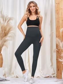 SHEIN Maternity Solid Sports Leggings With Phone Pocket - Dark Grey - View 5