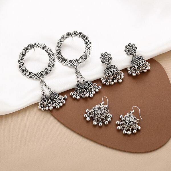 

3 пары Jhumka серьги-подвески с бахромой, Античное серебро
