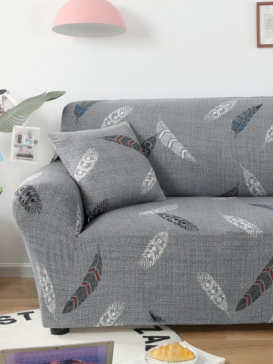 1pc Feather Print Stretchy Sofa Cover & 1pc Cushion Cover Set, Modern Sofa Dust Cover For Living Room, Pillow Insert Not Include