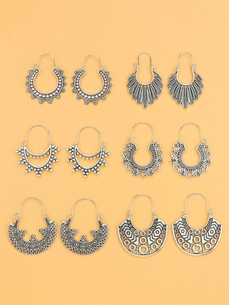 6 cặp Hoa tai rỗng ngoài kim loại - Màu Bạc Cổ - Xem 1