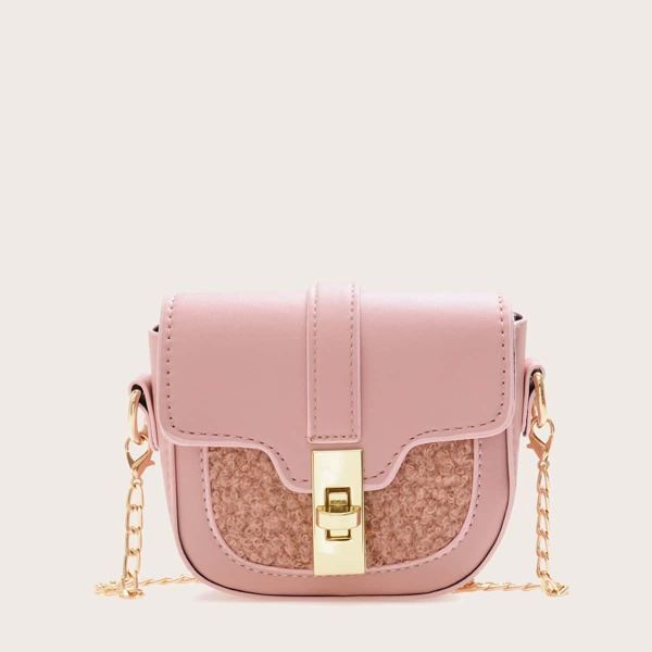 

Girls Fuzzy Detail Turn-lock Chain Bag, Pink