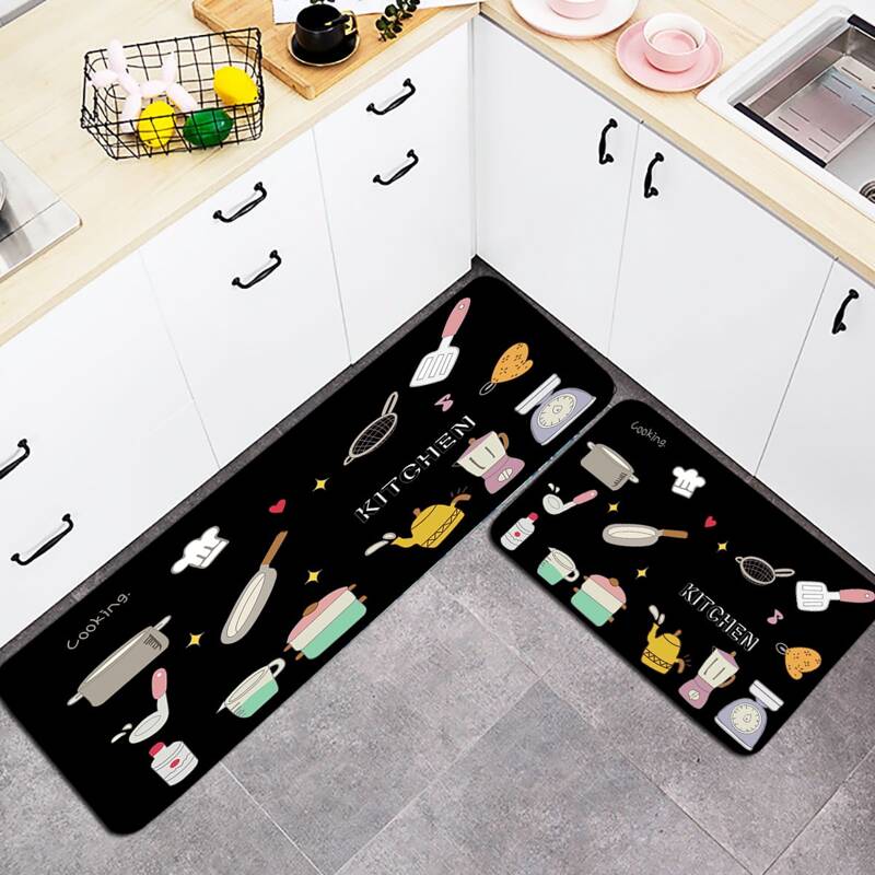 

1pc Kitchenware Print Floor Mat, Black