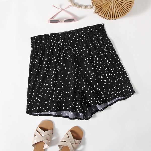 

Plus Polka Dot Elastic Waist Shorts, Black