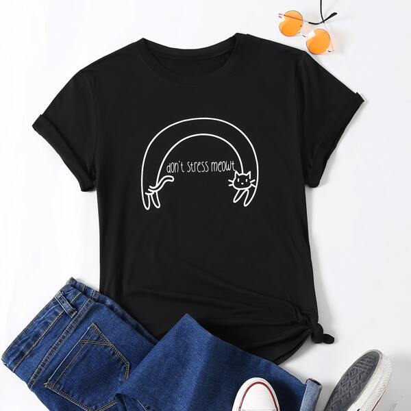 

Plus Slogan & Cartoon Graphic Tee, Black