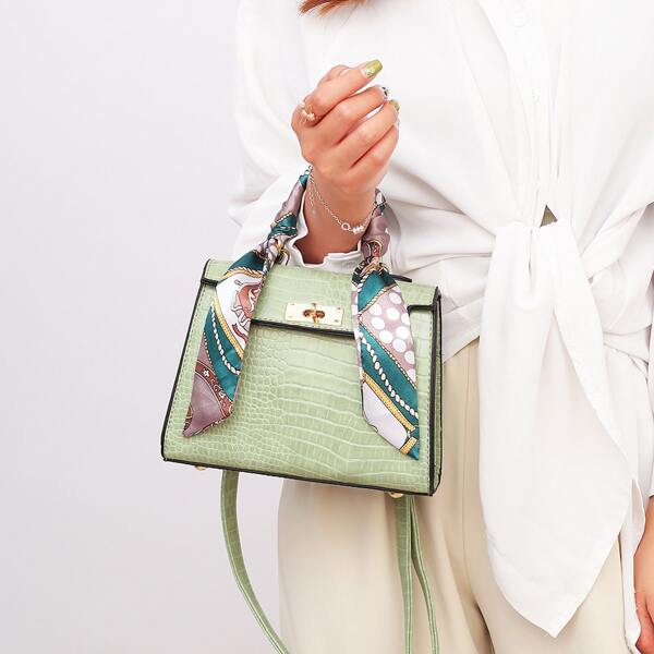 

Twilly Scarf Decor Croc Embossed Satchel Bag, Green