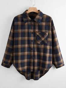 SHEIN LUNE Plus Pocket Front Plaid High Low Shirt - Multicolor - View 1