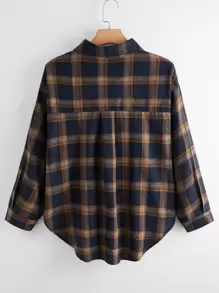 SHEIN LUNE Plus Pocket Front Plaid High Low Shirt - Multicolor - View 2