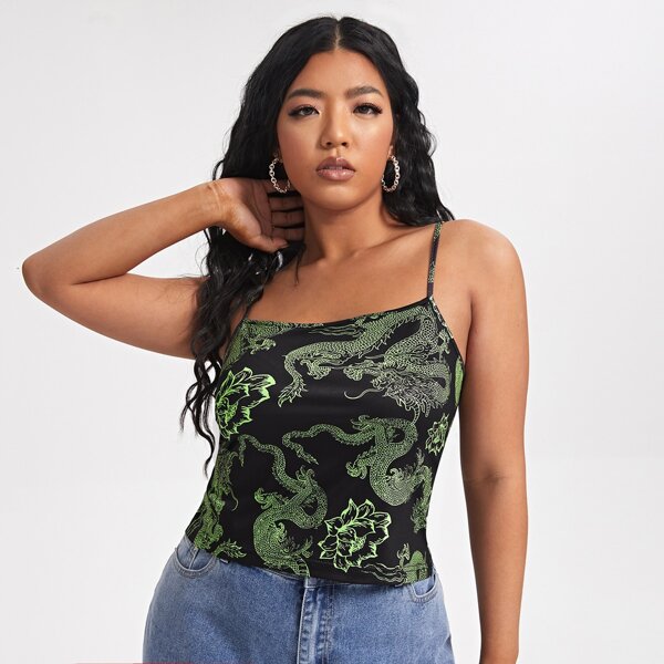 

Plus Chinese Dragon Print Cami Top, Multicolor