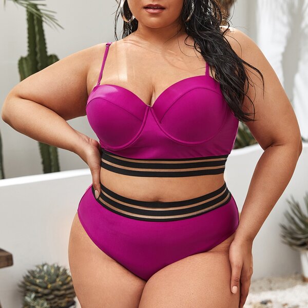

Plus Contrast Trim Underwire Bikini Swimsuit, Pink