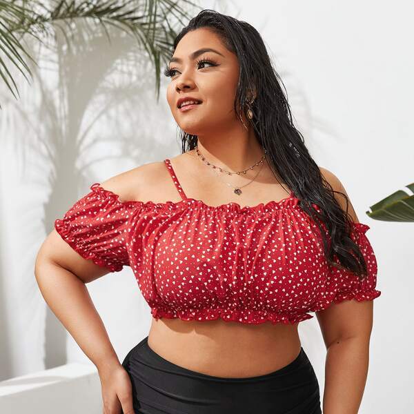 

Plus Heart Graphic Frill Trim Bikini Top, Red