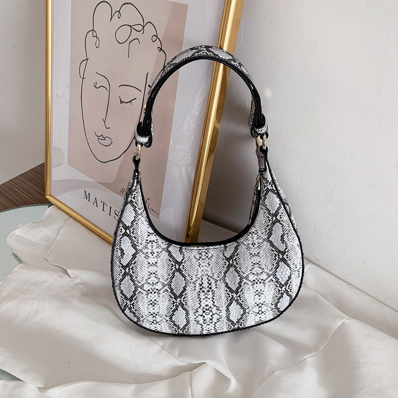 

Snakeskin Print Baguette Bag, Black and white