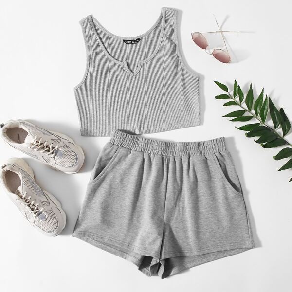 

Notched Neck Tank Top With Track Shorts, Grey