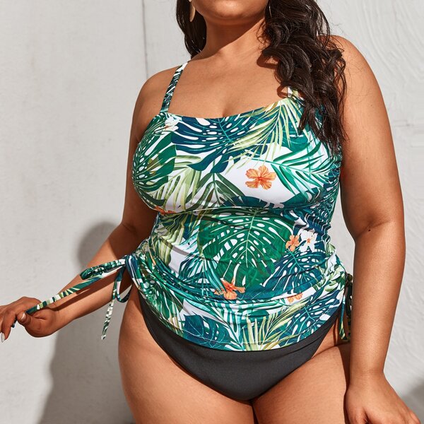 

Plus Tropical Tie Side Bikini Swimsuit, Multicolor