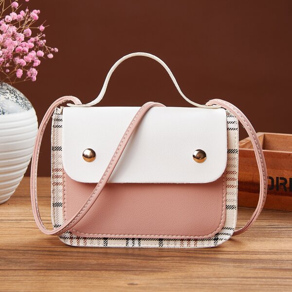 

Color Block Flap Satchel Bag, Pink
