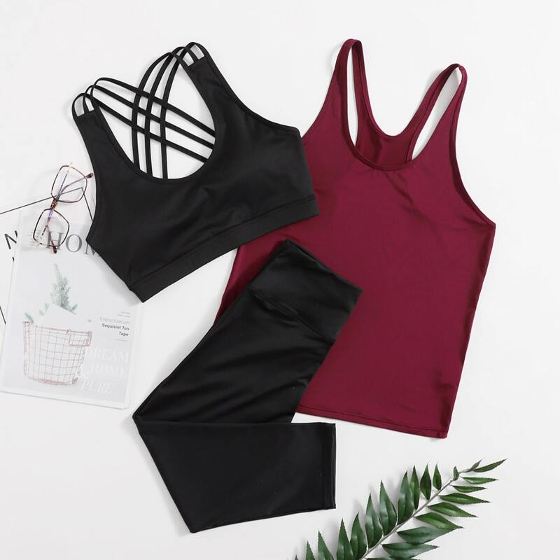 

High Stretch Criss Cross Back Sports Bra & Tee & Leggings, Multicolor