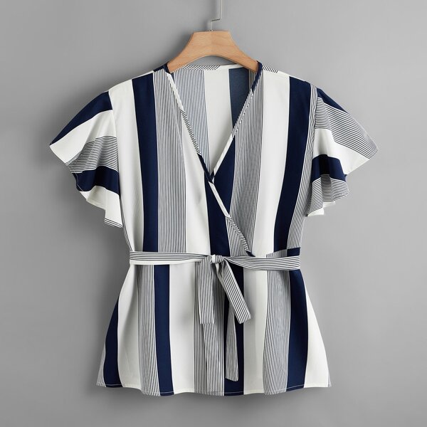 

Plus Striped Butterfly Sleeve Belted Blouse, Blue and white