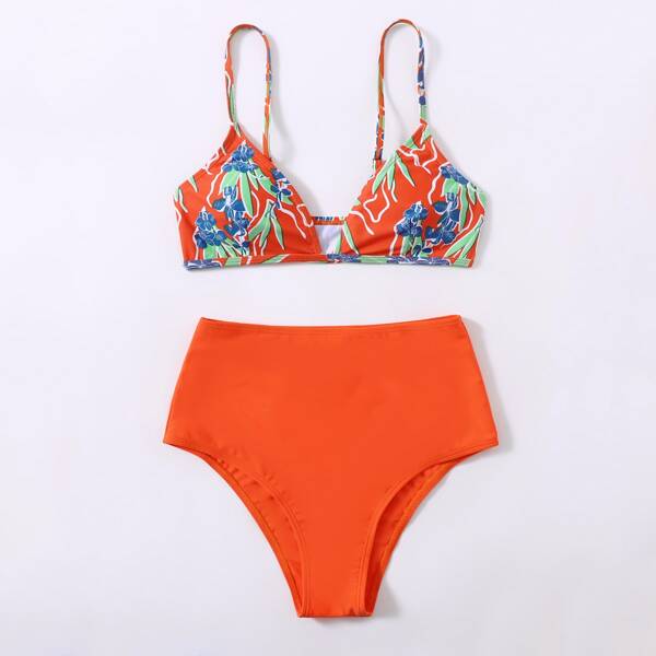 

Floral & Leaf Print Bikini Swimsuit, Orange