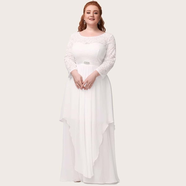 

Plus Rhinestone Detail Lace Bodice Chiffon Prom Dress, White