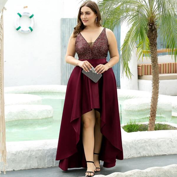 

Plus Mesh Insert Glitter Bodice High Low Satin Prom Dress, Burgundy