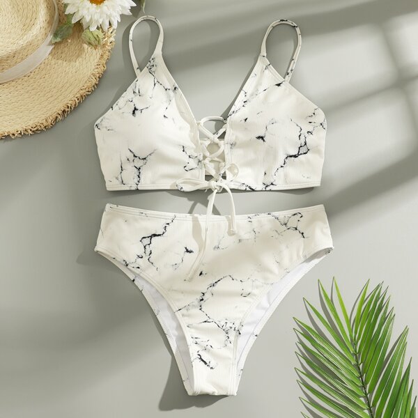 

Marble Print Rib Lace-up Bikini Swimsuit, White